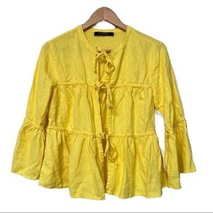 Yellow Linen Cottagecore Coquette Boho Tiered Ruffle Sleeve Tie-Front Blouse